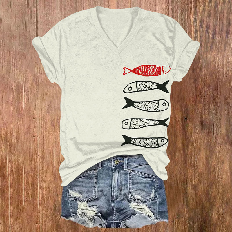 Vintage Fun Fish Asymmetrical Art Print T-shirt - Beige - US32-34(5XL) - image 1