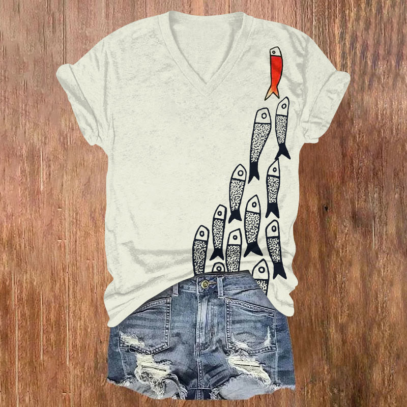 Retro Simple Fish Asymmetric Art Print T-shirt - Beige - US32-34(5XL) - image 1