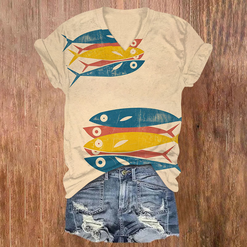 Retro Fun Fish Simple Art Print T-shirt - Apricot - US32-34(5XL) - image 1