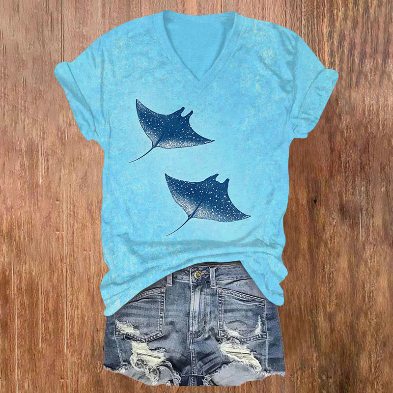 Ocean Manta Ray Art Art Print T-shirt - Sky Blue - US32-34(5XL) - image 1
