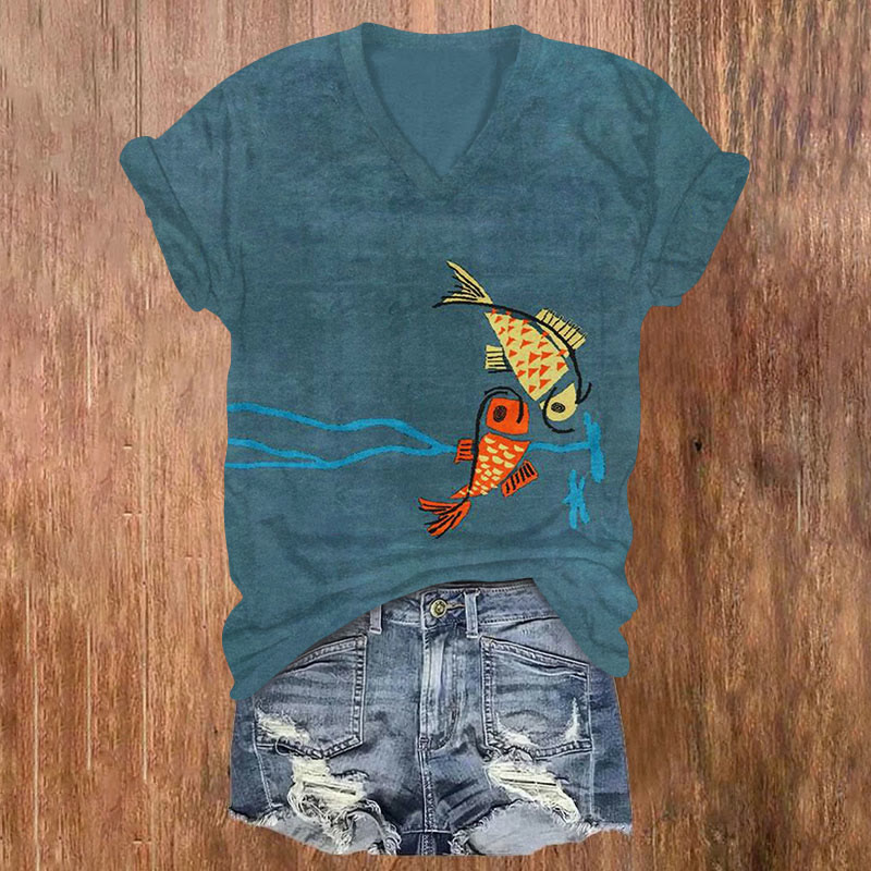  Vintage Fish Hand Drawn Simple Art Print T-shirt - Blue - US32-34(5XL) - image 1