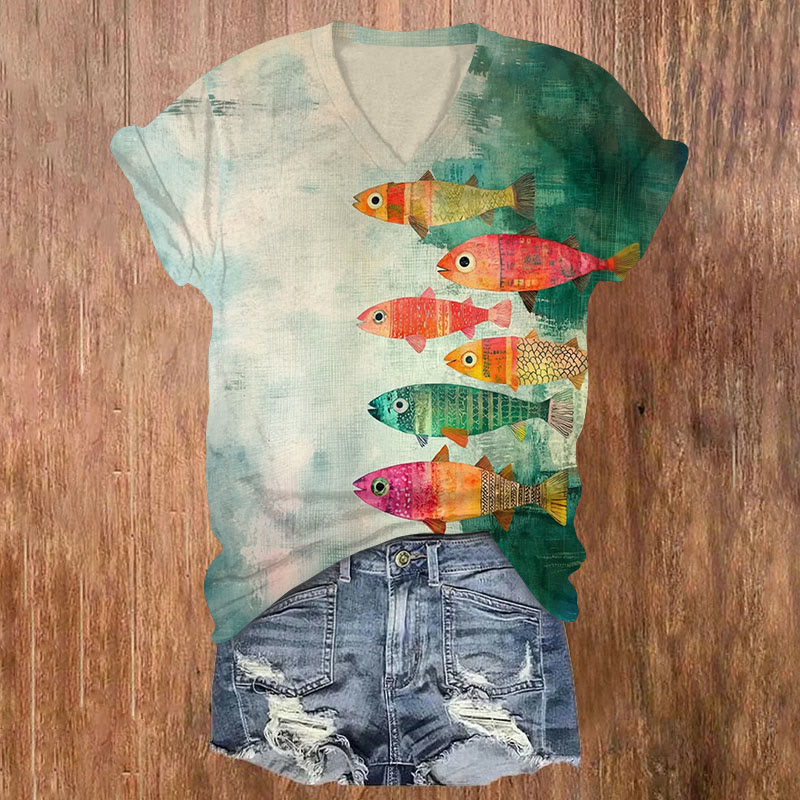 Vintage Fish Asymmetrical Art Print T-shirt - Green - US32-34(5XL) - image 1