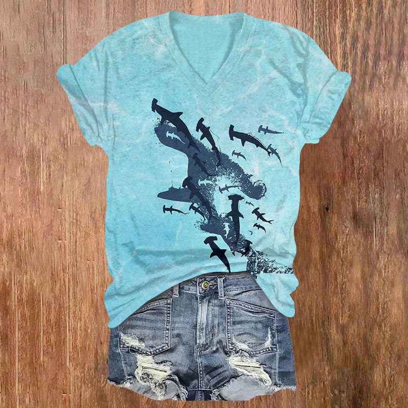 Ocean Whale Shark Art Print T-shirt - Sky Blue - US32-34(5XL) - image 1