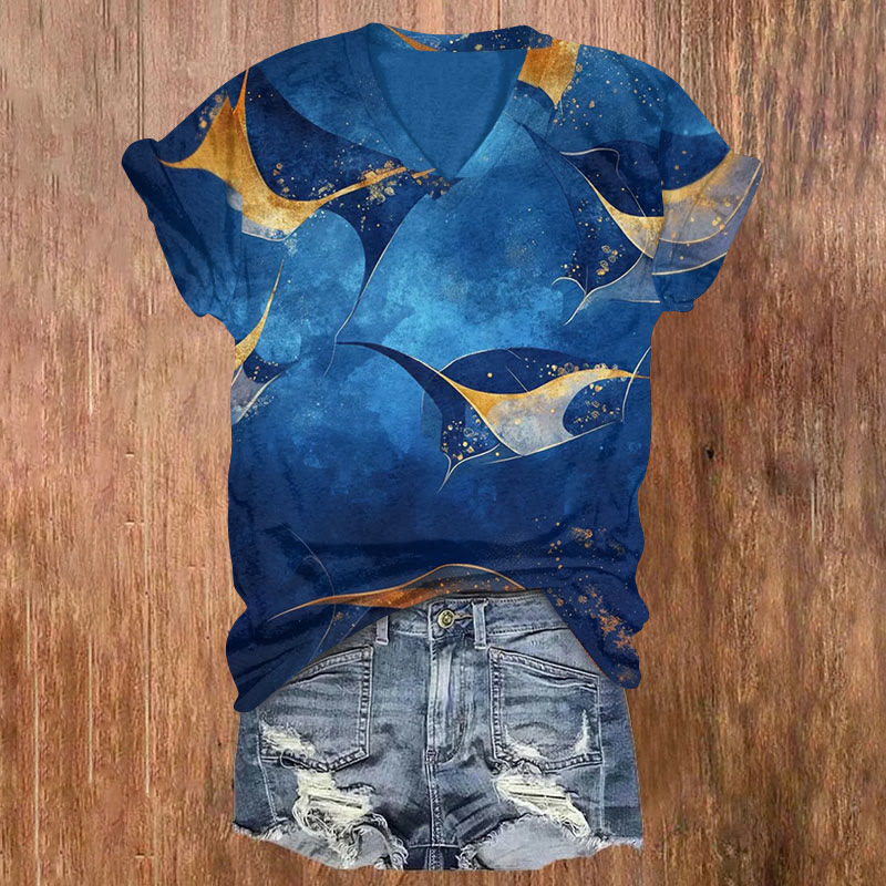 Ocean Manta Ray Abstract Art Print T-shirt - Royal Blue - US32-34(5XL) - image 1