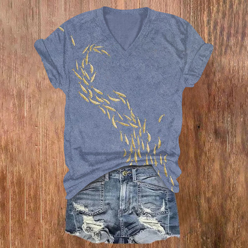 Vintage Fish Unique Art Print T-shirt - Blue - US32-34(5XL) - image 1