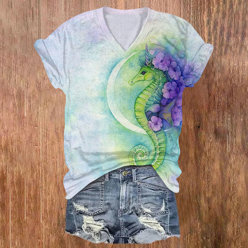  Ocean Seahorse And Flowers Fantasy Art Print T-shirt - White - US32-34(5XL) - image 1