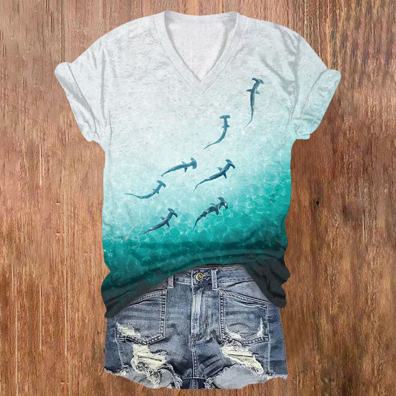 Ocean Shark Art Print T-shirt - White - US32-34(5XL) - image 1