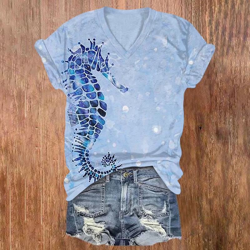 Ocean Seahorse Asymmetric Art Print T-shirt - Blue - US32-34(5XL) - image 1