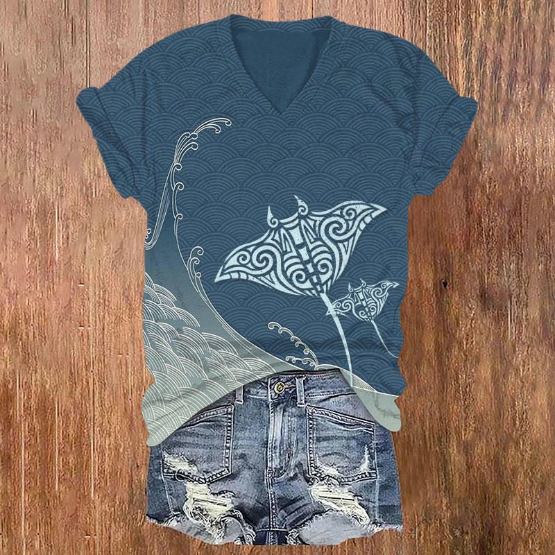 Ocean Manta Ray Wave Art Print T-shirt - Blue - US32-34(5XL) - image 1