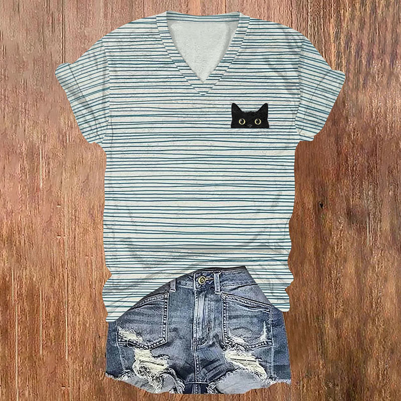 Vintage Striped Peekaboo Cat Art Print T-shirt - Blue - US32-34(5XL) - image 1