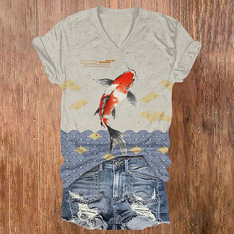 Vintage Wave Koi Fish Art Print T-shirt - Khaki - US32-34(5XL) - image 1