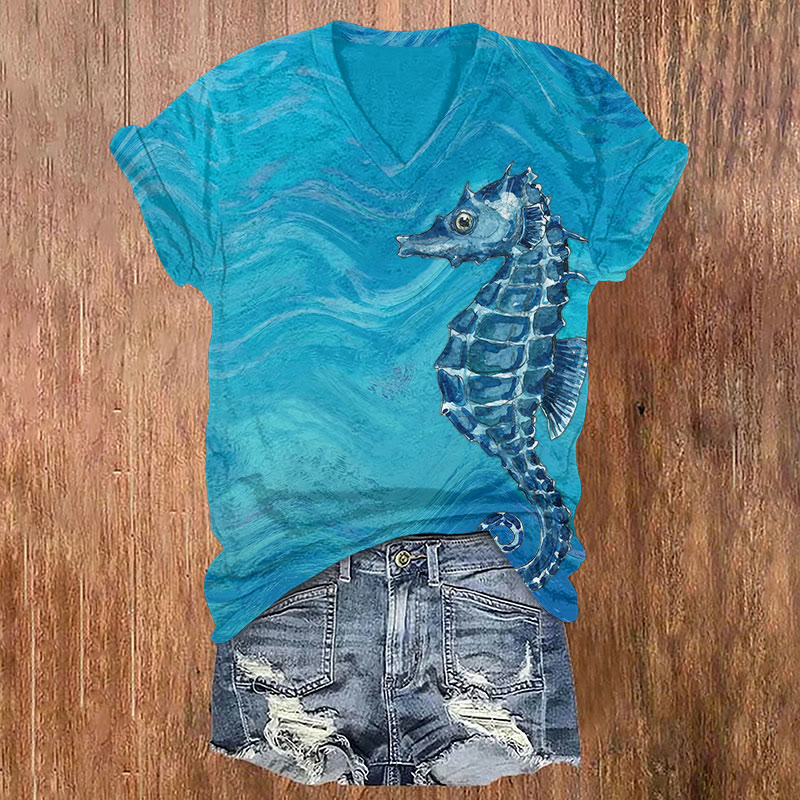 Ocean Watercolor Seahorse Art Print T-shirt - Blue - US32-34(5XL) - image 1