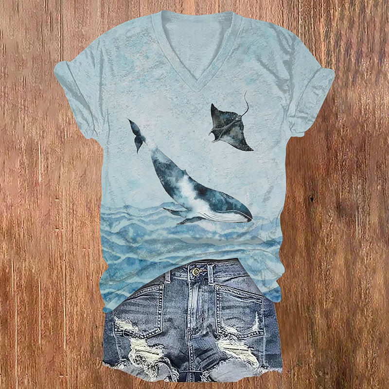 Vintage Ocean Whale ＆ Ray Art Print T-shirt - Light Blue - US32-34(5XL) - image 1