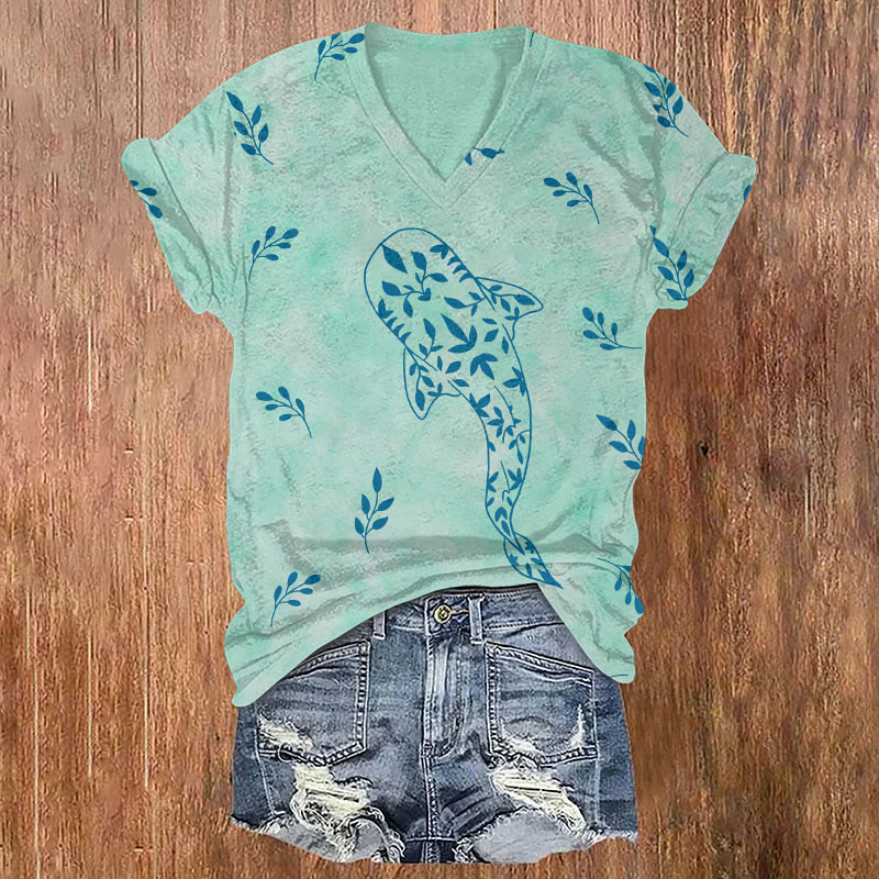 Lovely Botanical Whale Art Print T-shirt - Green - US32-34(5XL) - image 1