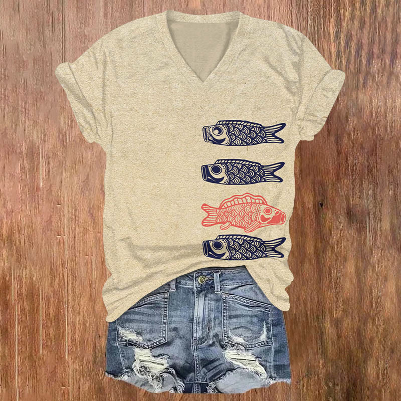 Japanese Funny Carp Art Print T-shirt - Apricot - US32-34(5XL) - image 1