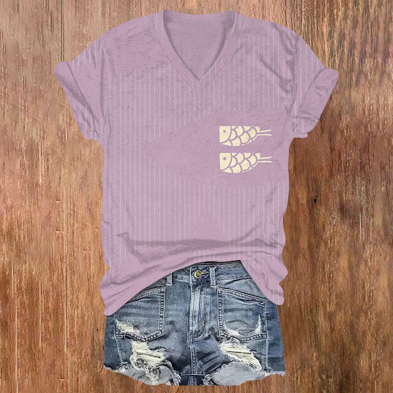 Lovely Pocket Fish Striped Art Print T-shirt - Purple - US32-34(5XL) - image 1
