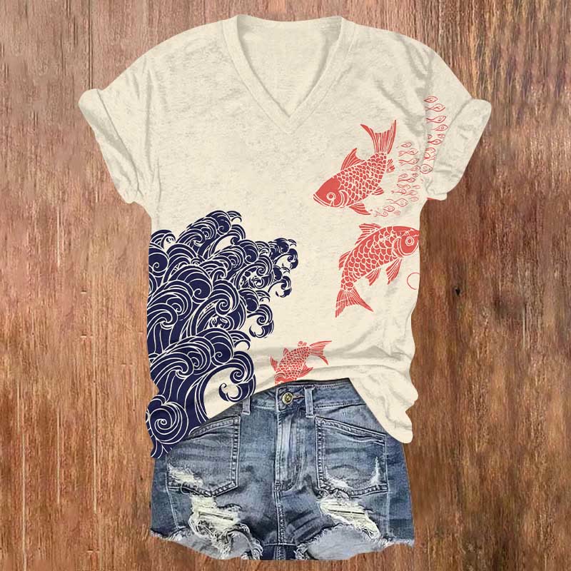 Wave And Koi Fusion Art Print T-shirt - Apricot - US32-34(5XL) - image 1