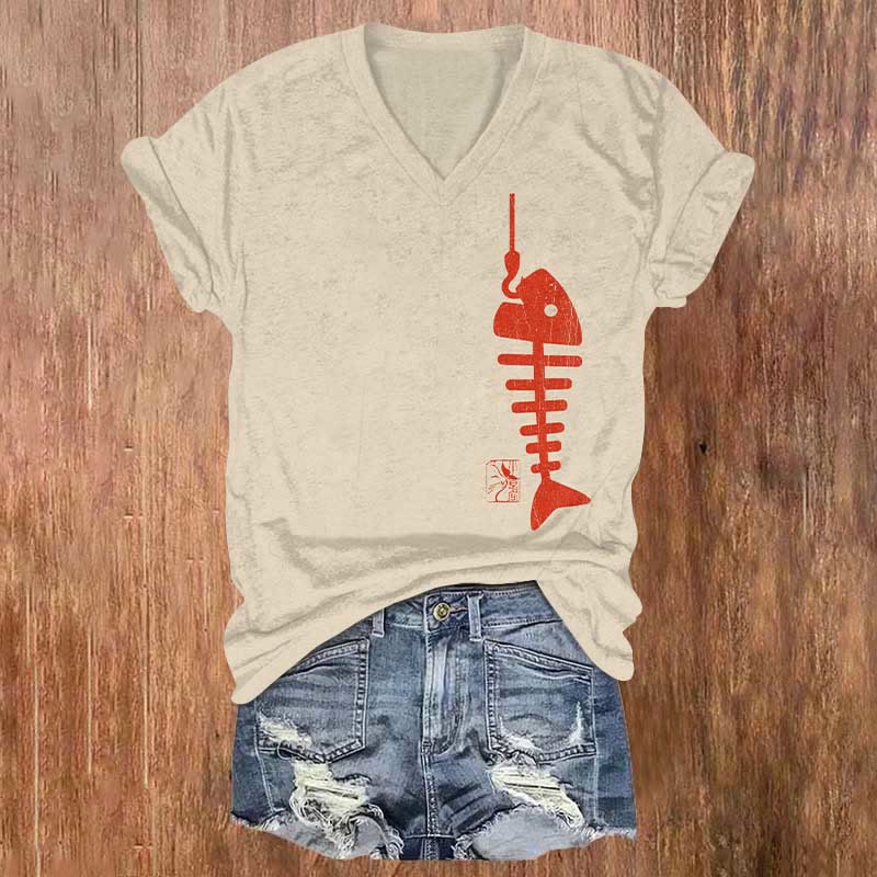 Vintage Red Fish Bones Art Print T-shirt - Apricot - US32-34(5XL) - image 1