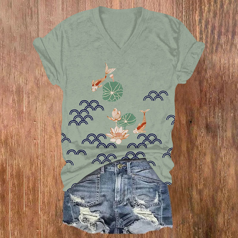 Retro Japanese Style Goldfish Lotus And Waves Simple Art Print T-shirt - Light Green - US32-34(5XL) - image 1