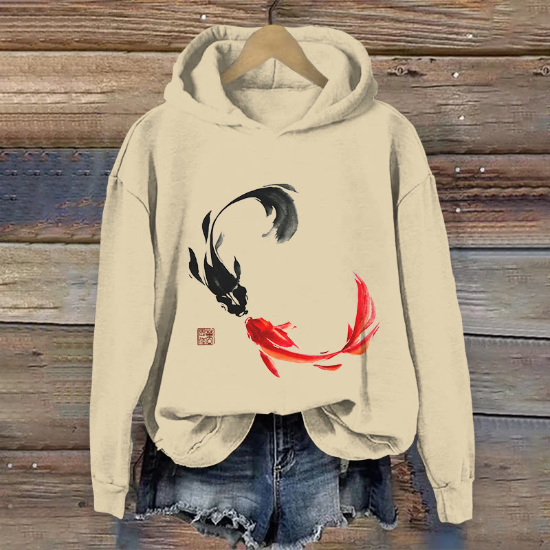 100% Cotton Vintage Japanese Black And Red Kissing Koi Art Print Hoodie - Apricot - US16-18(2XL) - image 1