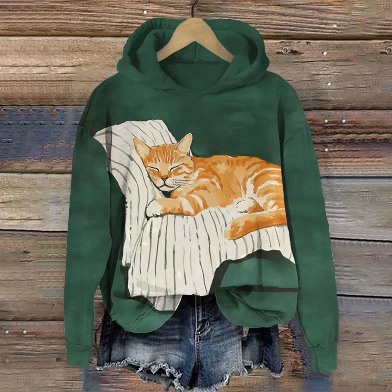 Cute Sleeping Cat Print Long Sleeve Hoodie - Dark Green - US44-46(8XL) - image 1