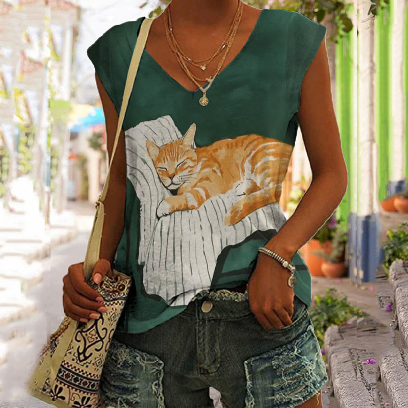 Cute Sleeping Cat Print V-neck Tank Top - Dark Green - 5XL - image 1