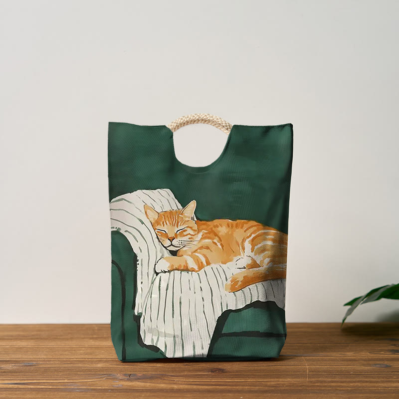 Cute Sleeping Cat Print Woven Handbag - Dark Green - one size - image 1