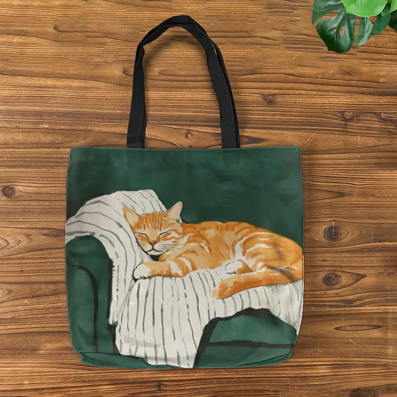 Cute Sleeping Cat Print Bag - Dark Green - one size - image 1