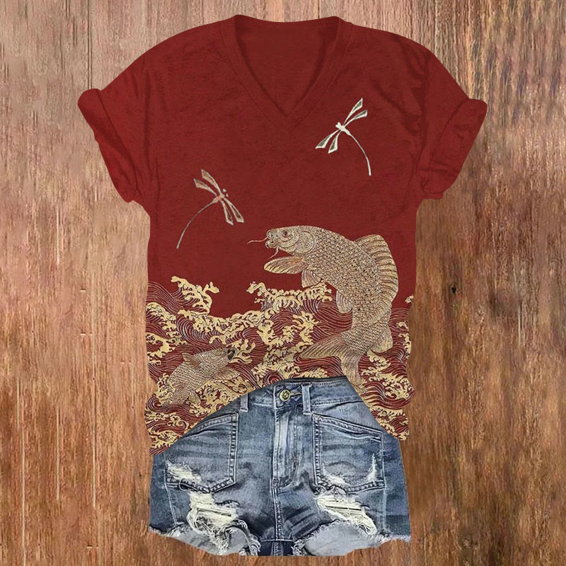 Vintage Ocean Waves Goldfish And Dragonfly Art Print T-shirt - Red - US32-34(5XL) - image 1