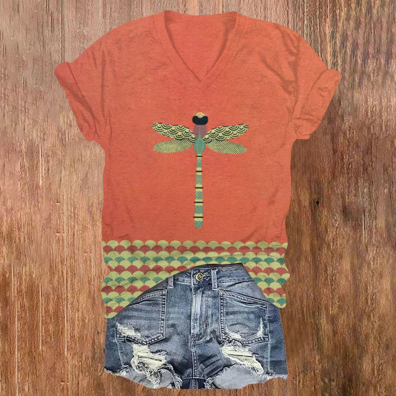 Simple Dragonfly Wave Pattern Print T-shirt - Orange - US32-34(5XL) - image 1
