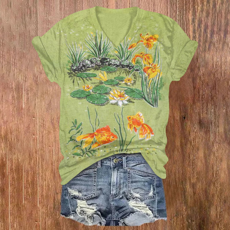 Lotus Pond Koi And Flower Art T-shirt - Green - US32-34(5XL) - image 1