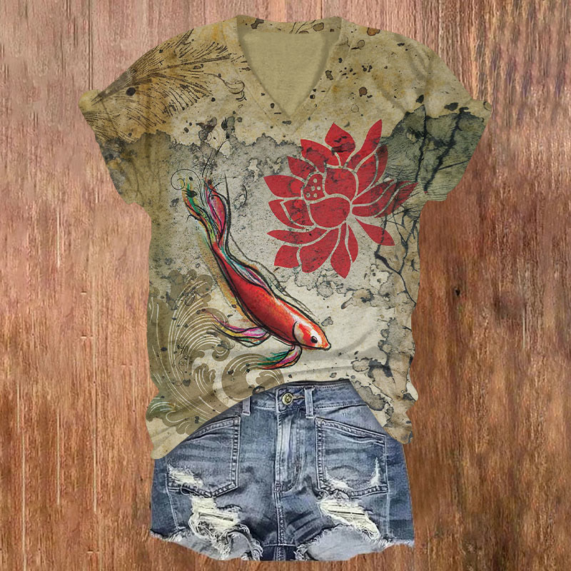 Vintage Japanese Koi And Lotus Art T-shirt - Khaki - US32-34(5XL) - image 1