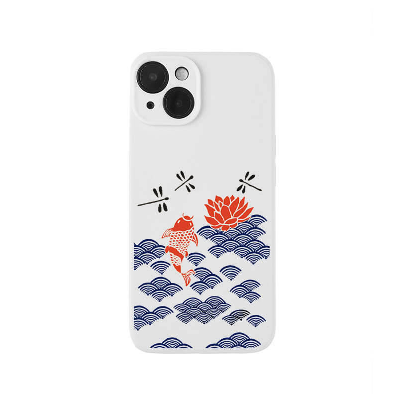 Japanese Style Koi Fish Dragonfly Wave Art Print Phone Case - White - iPhone 16 Pro Max - image 1