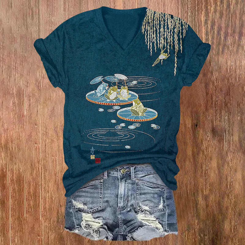 Retro Japanese Style Fun Frog Lotus Leaf Art Print T-shirt - Blue - US32-34(5XL) - image 1