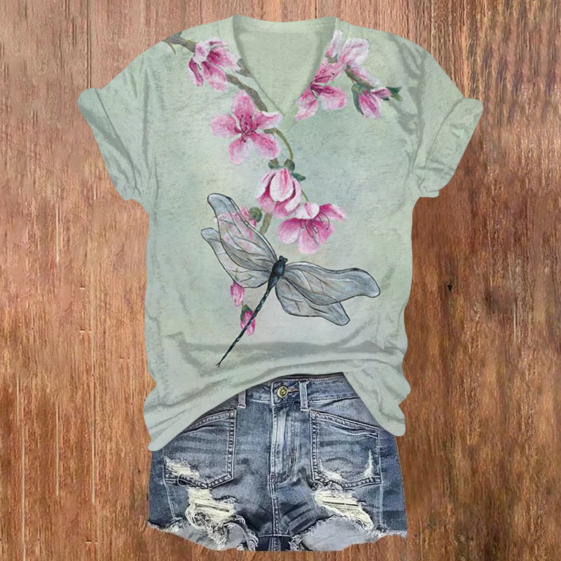 Vintage Flowers And Dragonfly Art Print T-shirt - Light Green - US32-34(5XL) - image 1