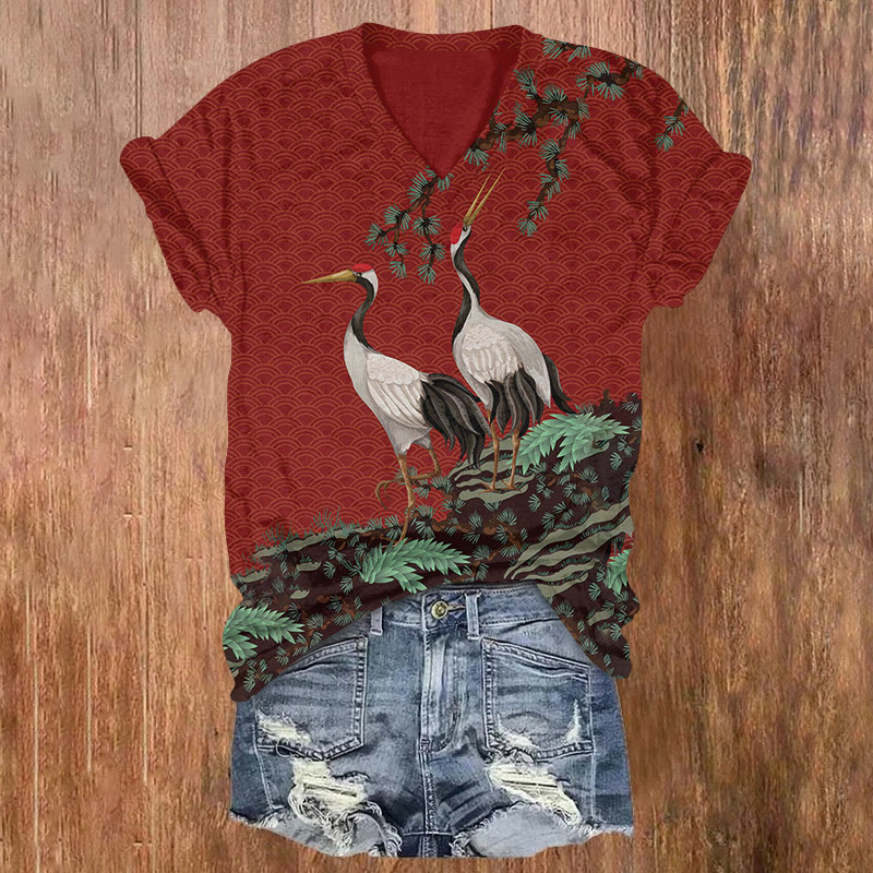Vintage Japanese Style Crane And Pine Tree Art Print T-shirt - Red - US32-34(5XL) - image 1