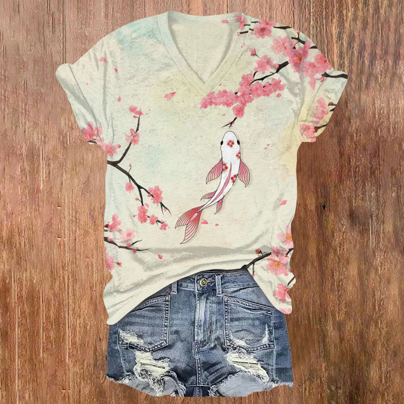 Vintage Japanese Style Floral And Goldfish Art Print T-shirt - Beige - US32-34(5XL) - image 1