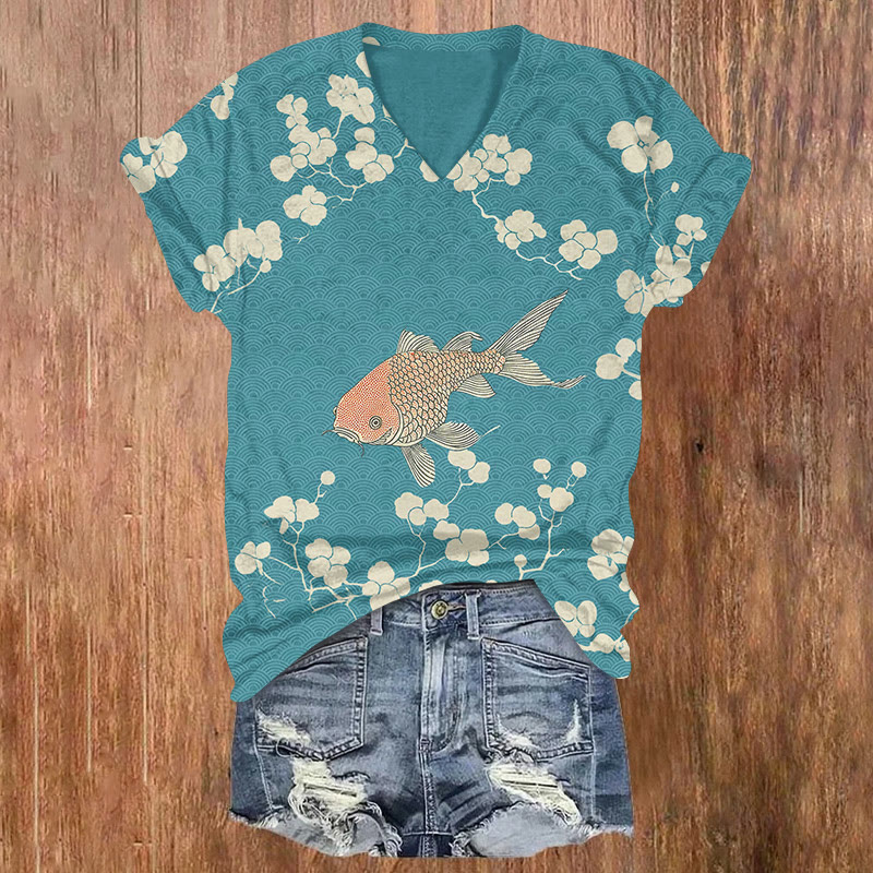 Vintage Japanese Style Floral And Goldfish Art Print T-shirt - Blue - US32-34(5XL) - image 1