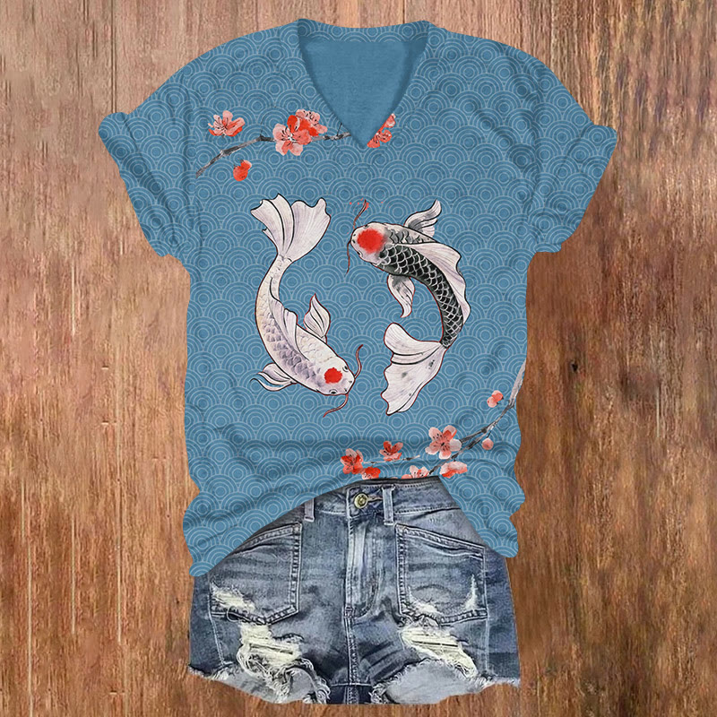  Japanese Style Plum Blossom And Goldfish Art Print T-shirt - Blue - US32-34(5XL) - image 1