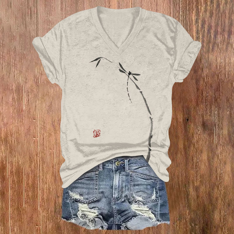  Japanese Dragonfly Sitting On Bamboo Stalk Art Print T-shirt - Light Gray - US32-34(5XL) - image 1