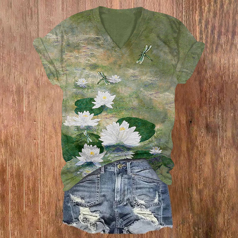 Vintage Lotus Pond Dragonfly Oil Painting Print T-shirt - Green - US32-34(5XL) - image 1