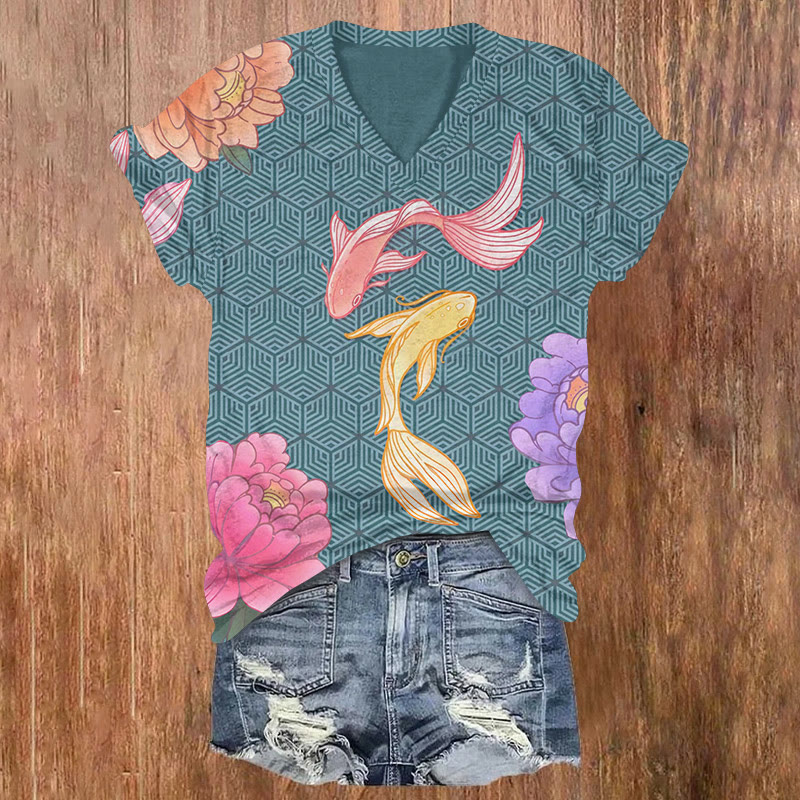 Vintage Japanese Style Goldfish And Flower Art Print T-shirt - Blue - US32-34(5XL) - image 1