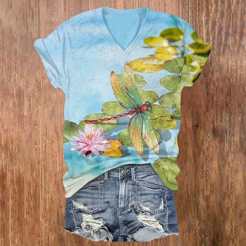 Lotus Pond Dragonfly Art Print T-shirt - Blue - US32-34(5XL) - image 1