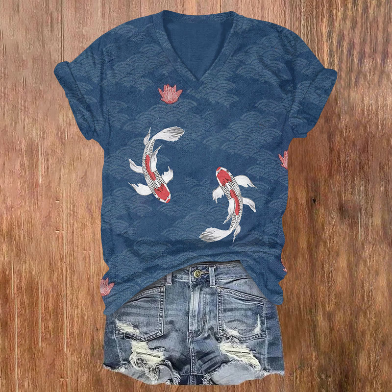 Vintage Japanese Koi Lotus Art Print T-shirt - Blue - US32-34(5XL) - image 1