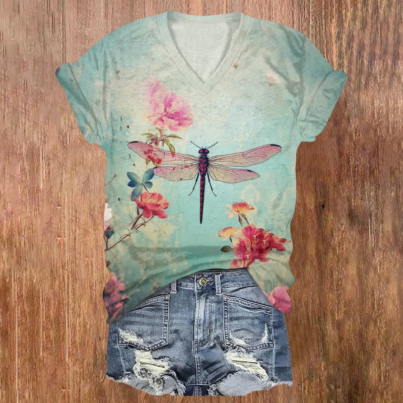 Vintage Japanese Dragonfly And Flower Art Print T-shirt - Light Blue - US32-34(5XL) - image 1