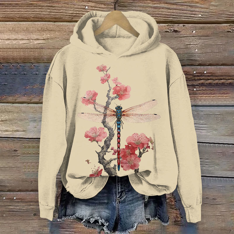 100% Cotton Retro Plum Blossom Dragonfly Japanese Art Print Hoodie - Apricot - US16-18(2XL) - image 1