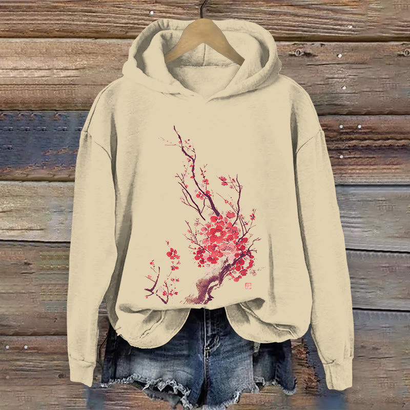 100% Cotton Japanese Plum Blossom Art Print Hoodie - Apricot - US16-18(2XL) - image 1