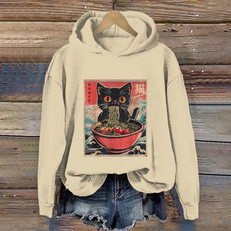 100% Cotton Japanese Cute Cat Eating Ramen Art Print Hoodie - Apricot - US16-18(2XL) - image 1