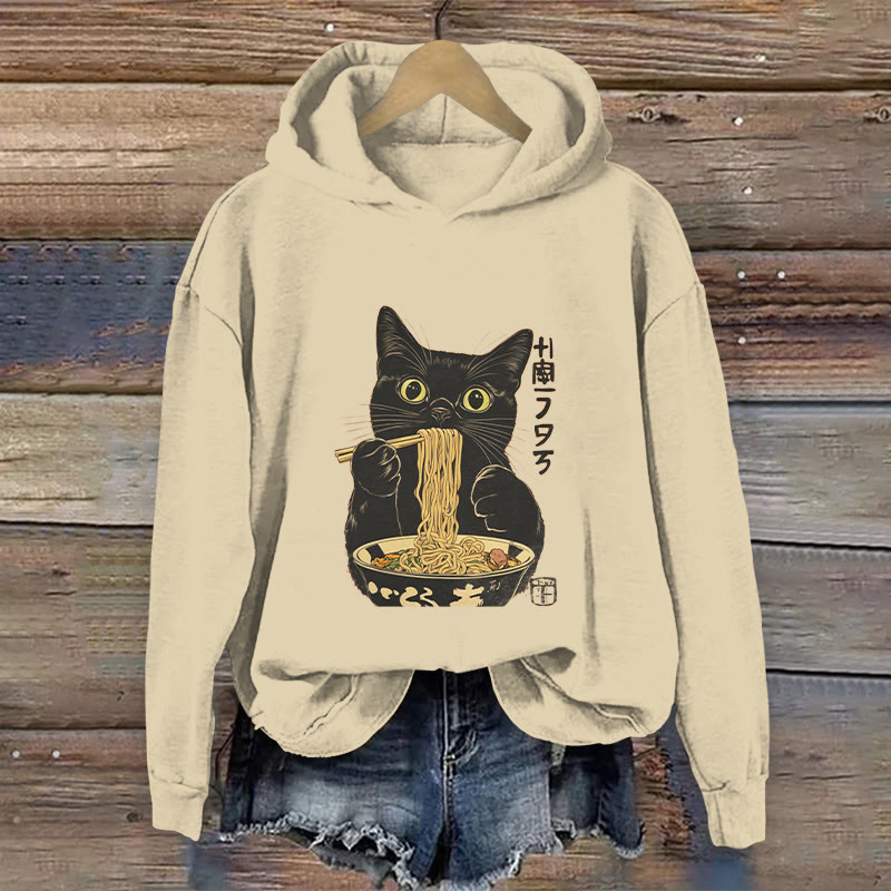 100% Cotton Japanese Cute Cat Eating Ramen Print Hoodie - Apricot - US16-18(2XL) - image 1