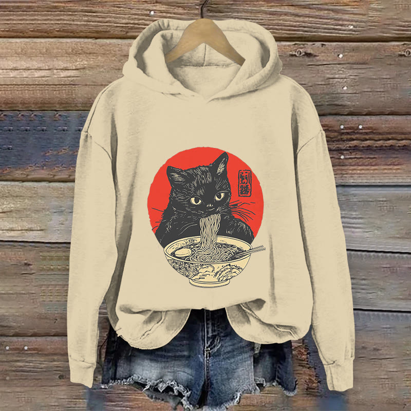 100% Cotton Vintage Japanese Cat Eating Ramen Art Print Hoodie - Apricot - US16-18(2XL) - image 1